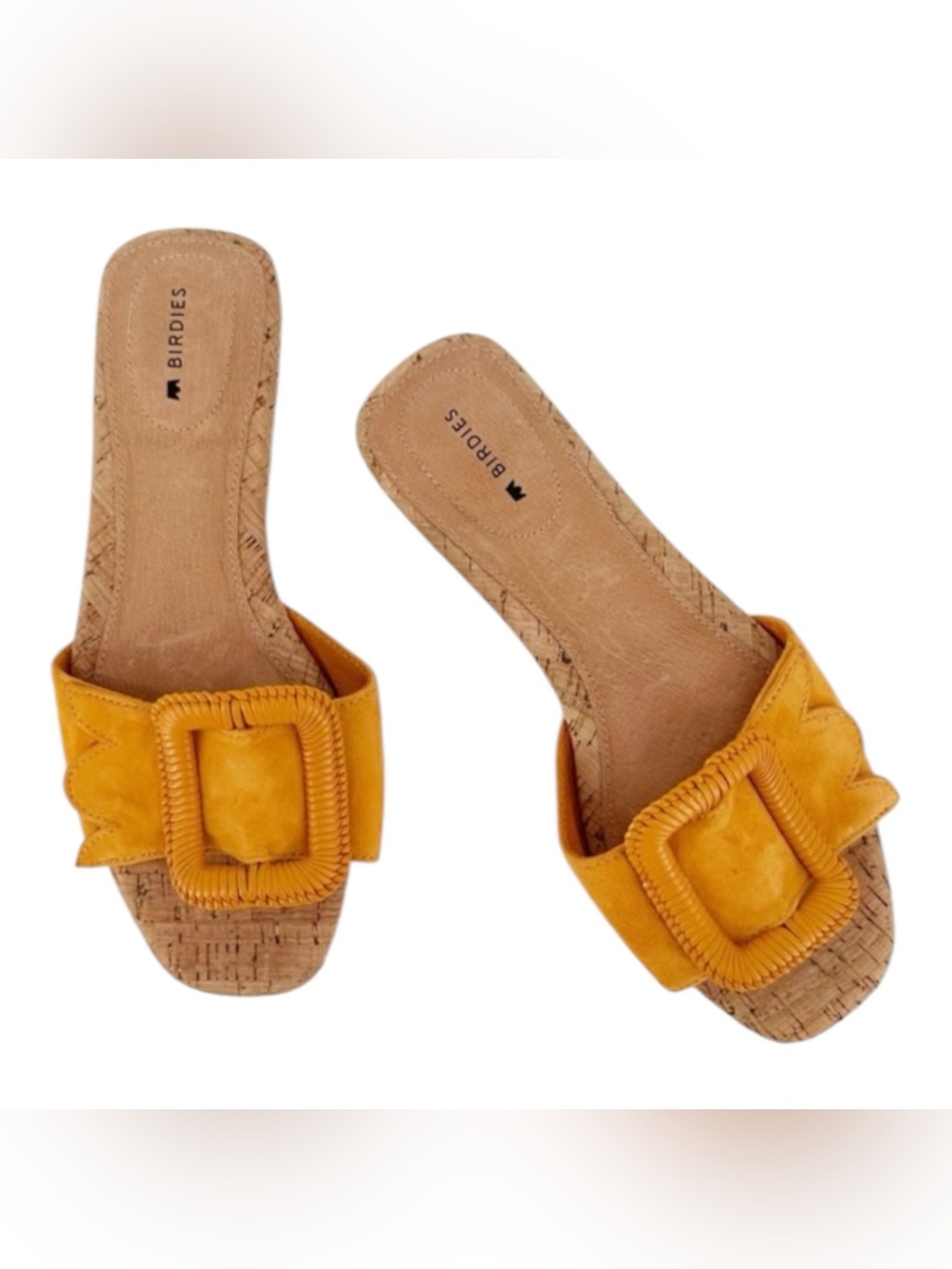 Birdies Kiwi Goldenrod Yellow Suede Slide Sandals with Woven Buckle